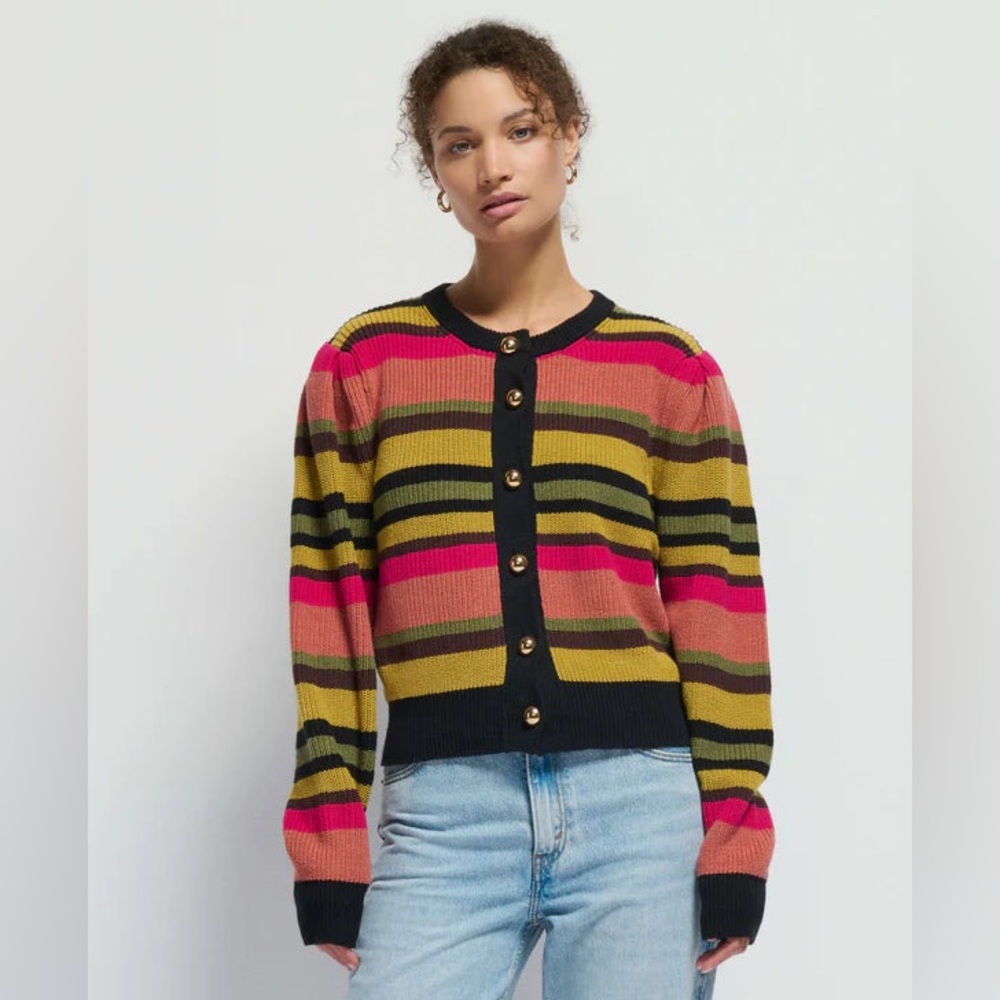 Anthropologie Carmela Crewneck Cardigan Puff Sleeve Cotton Alpaca Nation LTD Med